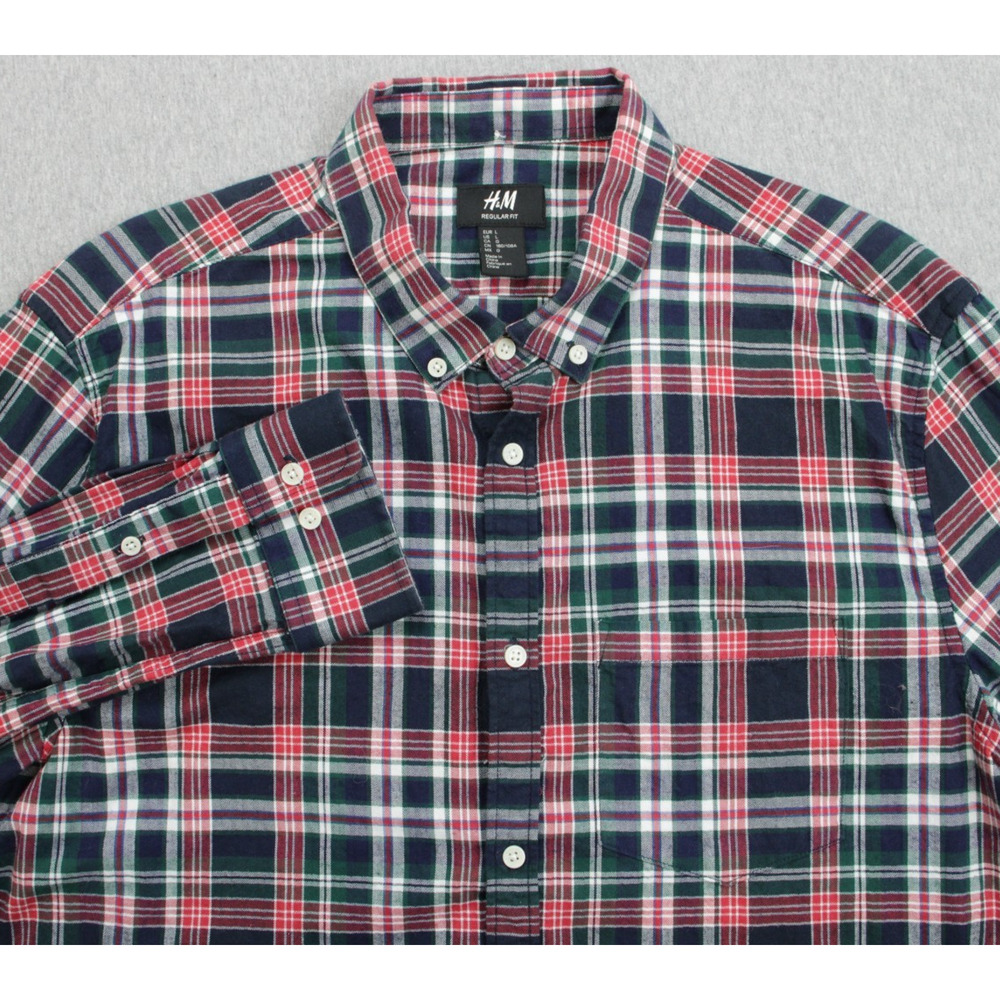 H&M Shirt Mens Large 100% Cotton Plaid Regular‎ Fit Button Down